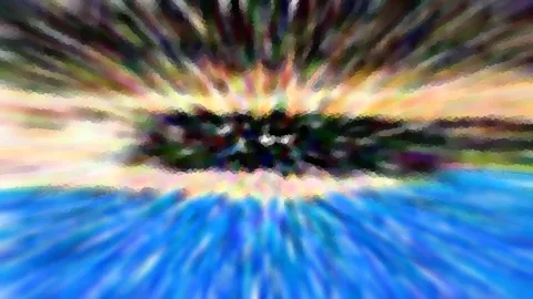 Abstraktes Bild mit radial verwischten Farbstreifen, die von einem dunklen Zentrum nach außen laufen, oben bunt und unten blau.