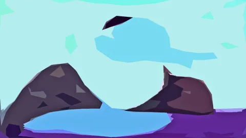 Abstrakte Landschaft aus flachen, kantigen Formen: helltürkiser Himmel, eine hellblaue Wolke oben, dunkelbraune Felsen links und rechts, ein blauer See im Vordergrund und violetter Boden.
