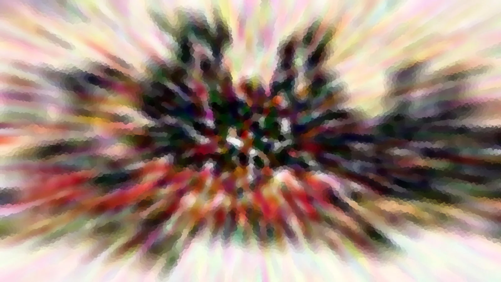 Abstrakte Komposition aus radial auslaufenden, bunten Streifen mit einem dunklen, fleckigen Zentrum aus Grün, Rot und Schwarz vor hellem, pastellfarbenem Hintergrund.