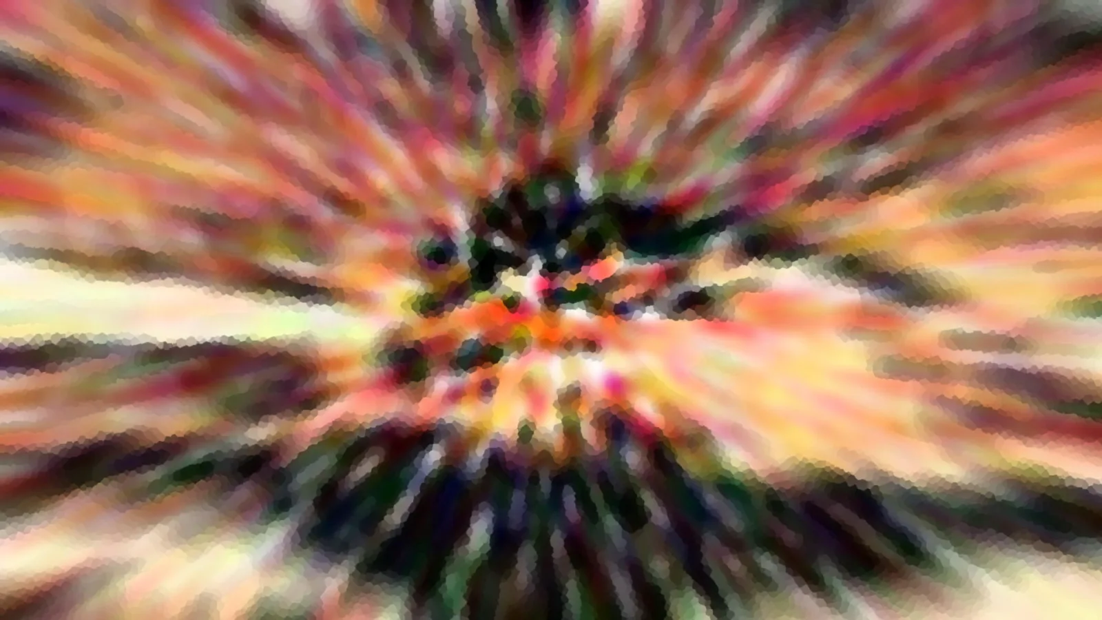 Abstrakte Komposition mit radial von einem dunklen Zentrum ausstrahlenden Streifen in Rot, Orange, Gelb und Grün, mosaikartig gerastert.
