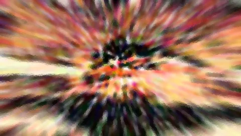 Abstrakte Komposition mit radial von einem dunklen Zentrum ausstrahlenden Streifen in Rot, Orange, Gelb und Grün, mosaikartig gerastert.