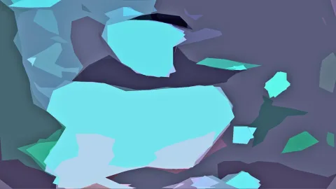 Abstrakte Komposition aus türkisfarbenen und blaugrauen Polygonflächen auf dunklem Violett.