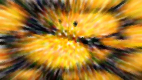 Abstraktes Bild mit radial von einem Zentrum nach außen laufenden gelben, orangefarbenen und dunklen Schlieren
