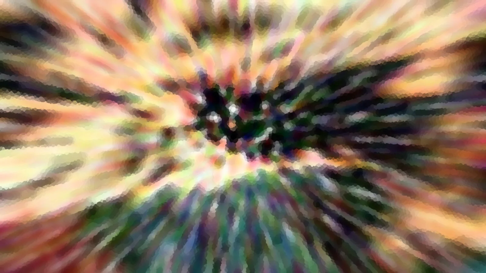 Abstrakte Komposition aus farbigen Streifen, die radial von einer dunklen, fleckigen Mitte nach außen laufen.