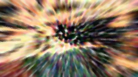 Abstrakte Komposition aus farbigen Streifen, die radial von einer dunklen, fleckigen Mitte nach außen laufen.
