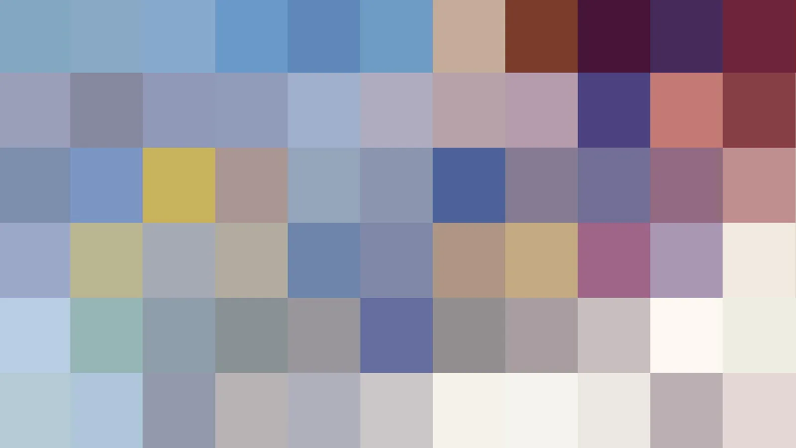 Mosaik aus quadratischen Farbblöcken in Blau-, Grau-, Lila-, Beige- und Rottönen, angeordnet in zehn Spalten und sechs Reihen.