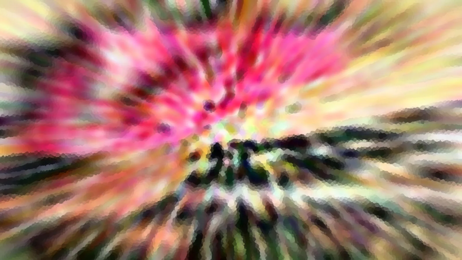 Abstrakte Komposition aus radial von der Mitte nach außen verlaufenden Schlieren in Pink, Gelb und Grün, mit dunklen Streifen am unteren Rand und pixeligem Raster.