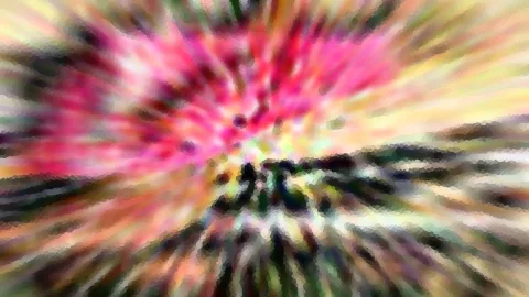 Abstrakte Komposition aus radial von der Mitte nach außen verlaufenden Schlieren in Pink, Gelb und Grün, mit dunklen Streifen am unteren Rand und pixeligem Raster.