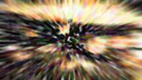 Abstrakte Komposition aus radial verlaufenden, bunten Schlieren mit dunklem Zentrum und mosaikartiger Struktur.