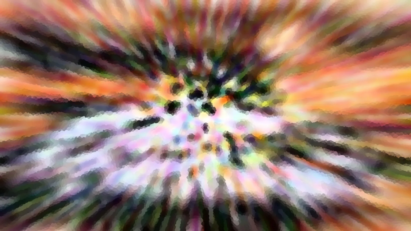 Abstrakte Komposition aus radialen Farbschlieren in Orange, Violett, Grün und Weiß, mit mosaikartiger Körnung.