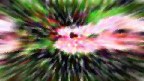 Abstrakte Komposition mit radialer Bewegungsunschärfe in Pink, Grün und Weiß, im Zentrum ein dunkler Fleck.