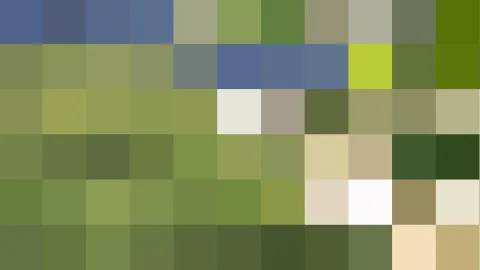 Rechteckiges Raster aus Farbfeldern in Grün, Blau, Beige und Weiß, die wie ein Pixelmosaik angeordnet sind.