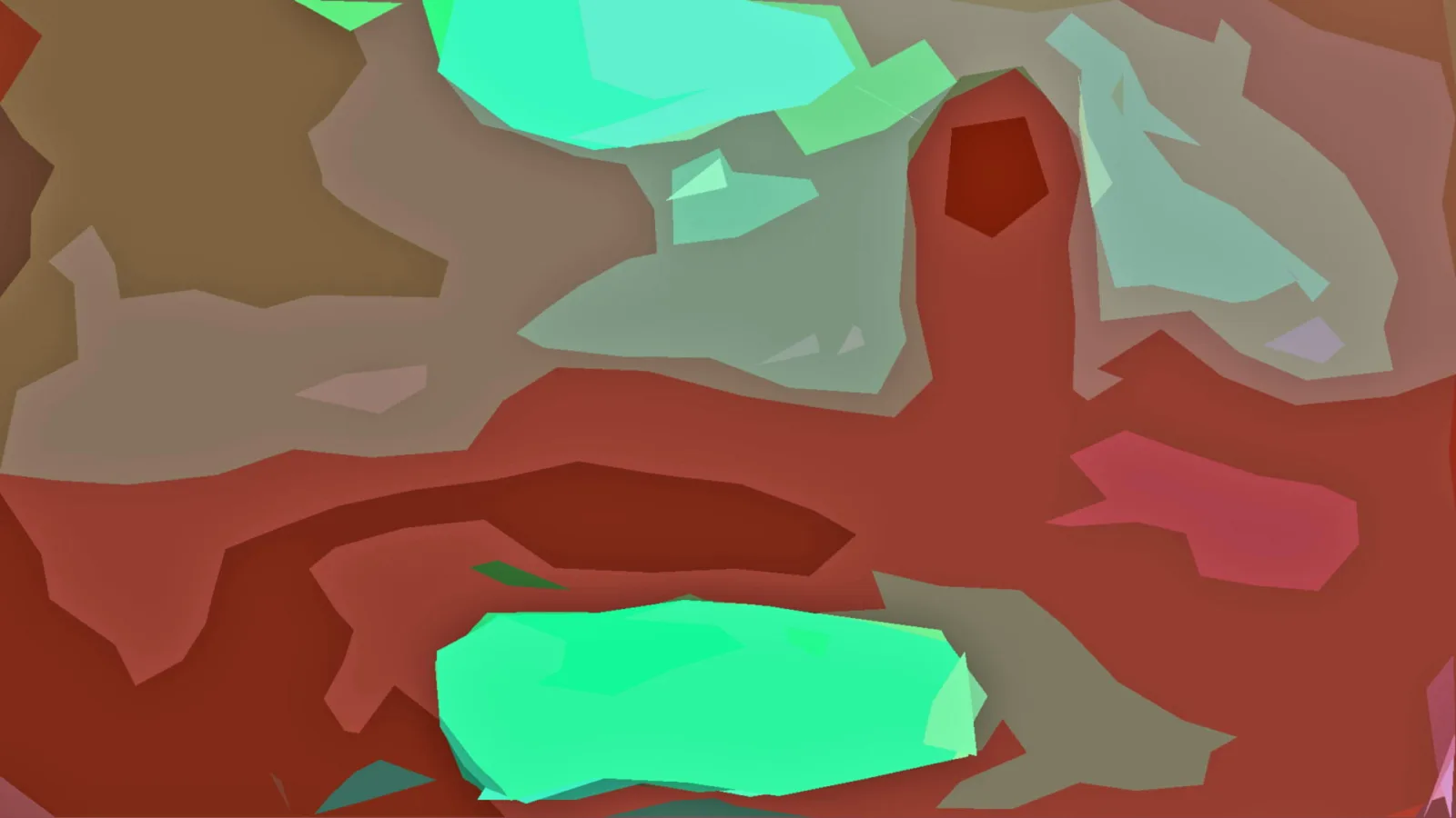 Abstrakte Komposition aus flachen, unregelmäßigen Farbflächen in Rot, Braun und Mintgrün, mit einzelnen grünen und violetten Akzenten.
