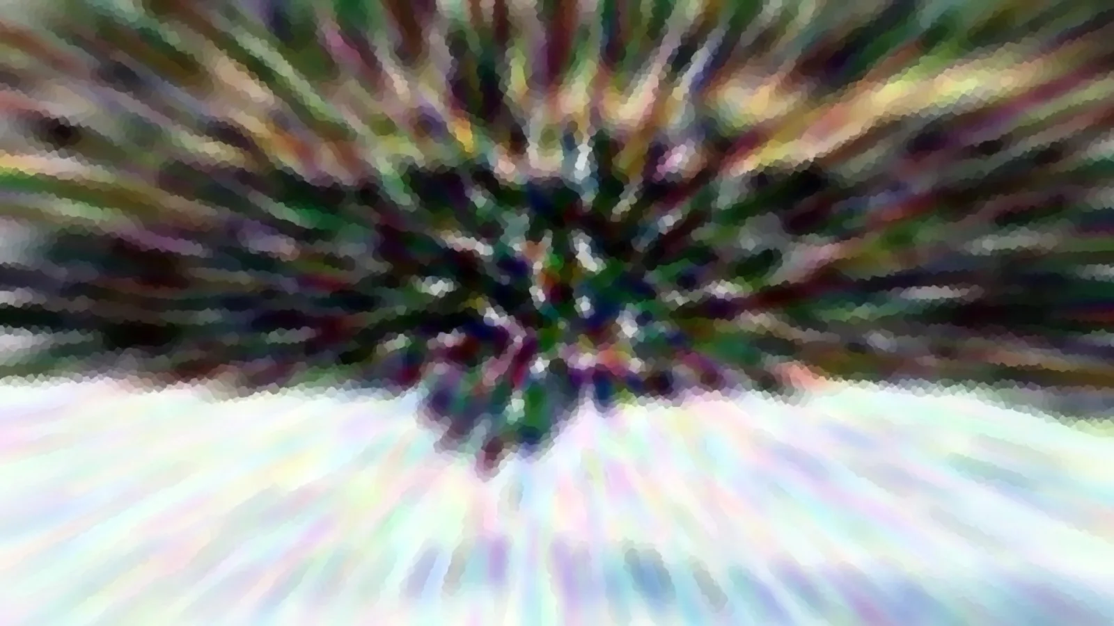 Abstrakte Komposition mit stark verwischten, radial von einem dunklen Zentrum ausstrahlenden Farbstreifen in Grün, Violett und Braun, darunter eine helle, pastellfarbene Fläche.
