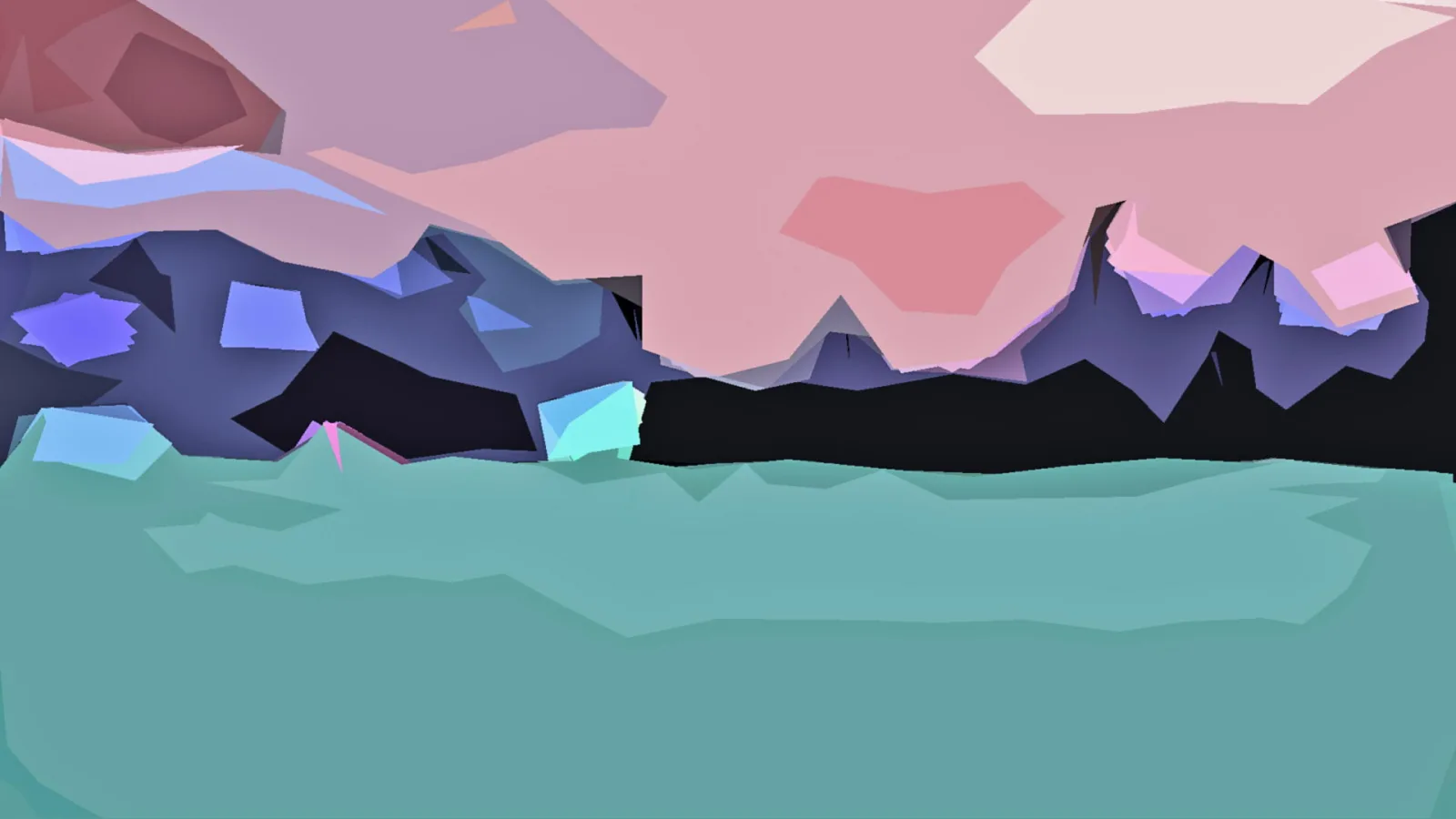 Abstrakte low-poly-Landschaft mit dunklen, blau-violetten Bergen unter rosafarbenem Himmel und einer türkisfarbenen Fläche im Vordergrund.