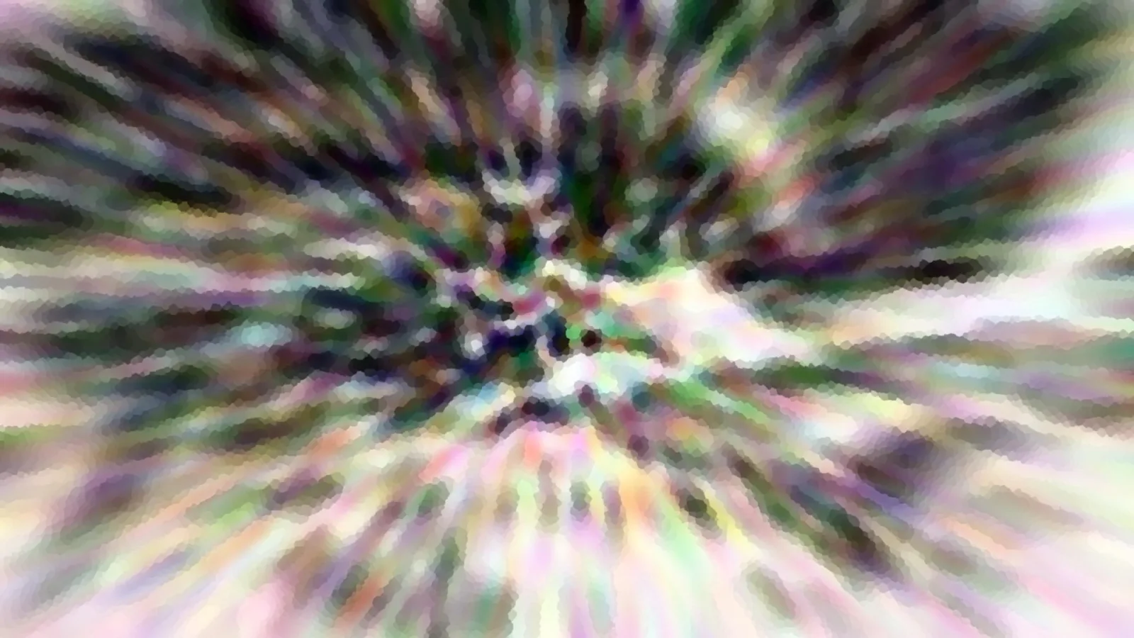 Abstraktes Bild mit radialen, pastellfarbenen Streifen, die von einem dunkleren Zentrum nach außen laufen, grobkörnig gepixelt.