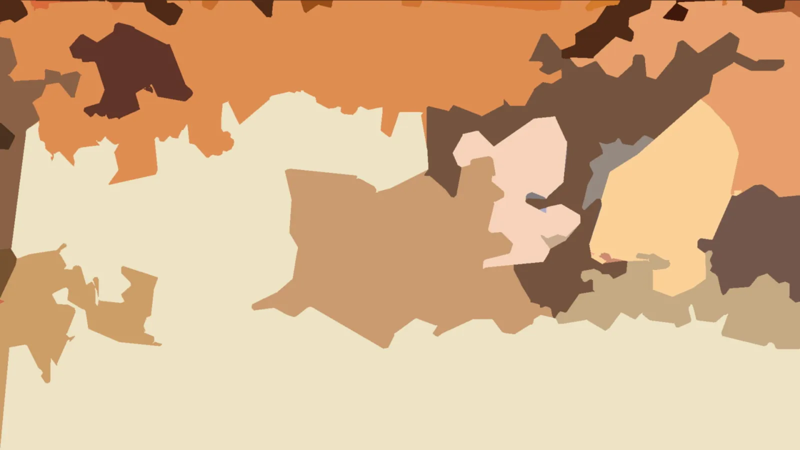 Abstraktes Bild aus flächigen, unregelmäßig geformten Feldern in Beige, Orange, Braun und Pfirsichtönen, große helle Fläche unten.