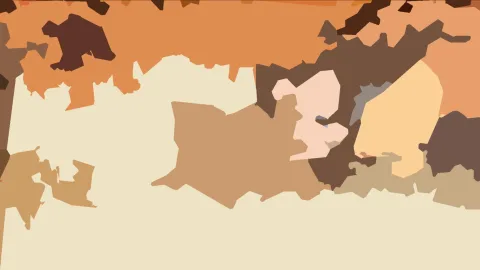 Abstraktes Bild aus flächigen, unregelmäßig geformten Feldern in Beige, Orange, Braun und Pfirsichtönen, große helle Fläche unten.