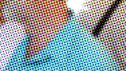 Bunte Rasterpunkte in Rot, Gelb, Cyan, Magenta und Blau, oben rechts ein schwarzer diagonaler Streifen und oben in der Mitte eine weiße Fläche.