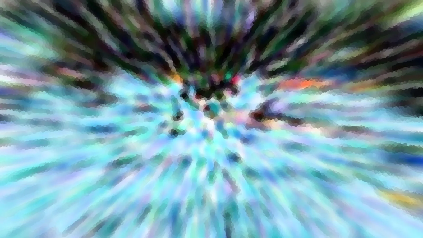 Abstrakte Komposition aus türkisen, weißen und dunklen Streifen, die vom Zentrum nach außen strahlen und mosaikartig verpixelt sind.