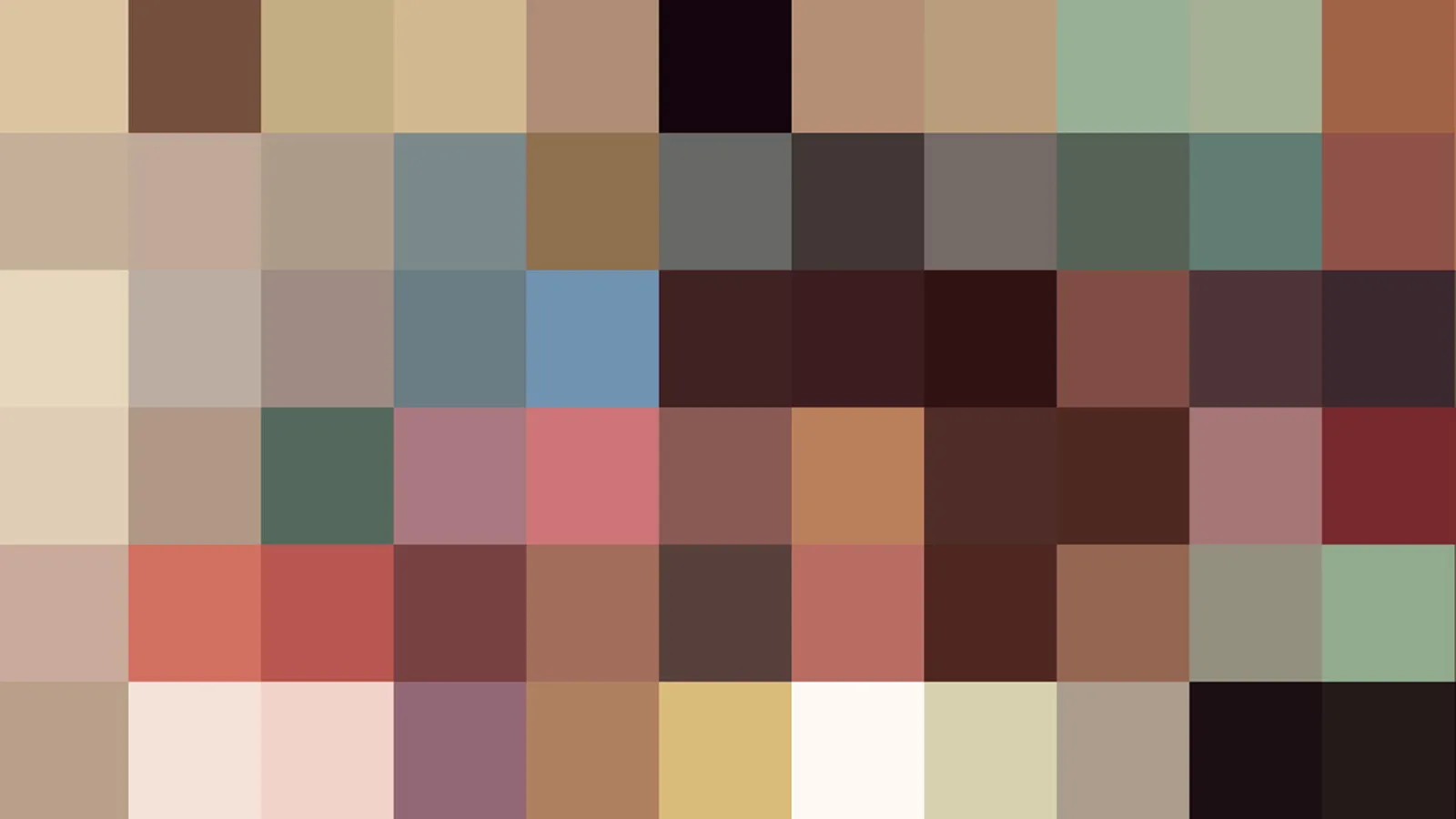 Mosaik aus quadratischen Farbfeldern in Beige, Braun, Rot, Dunkelrot und Grüntönen