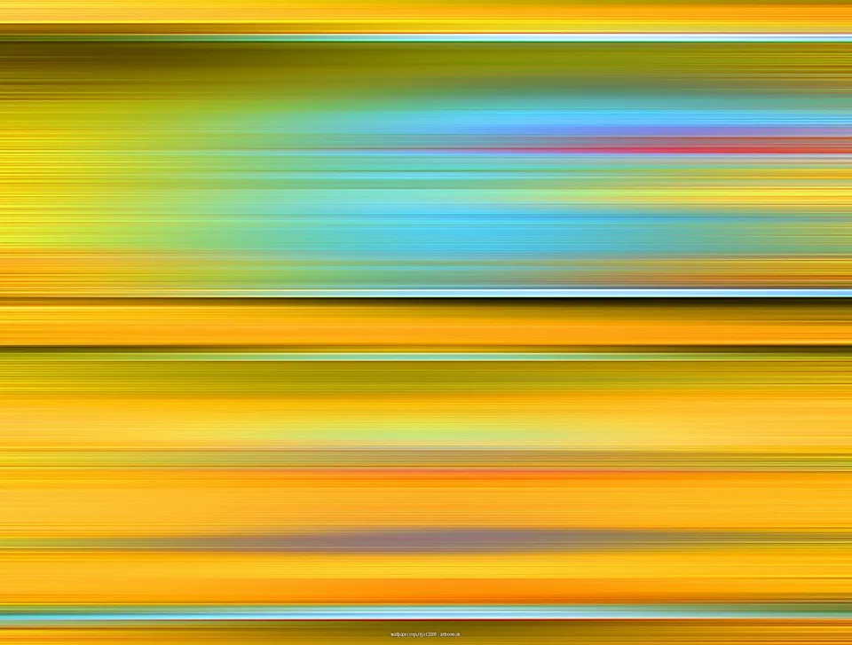 Abstrakte Komposition aus horizontalen, verwischten Streifen in Gelb, Orange, Türkis und vereinzeltem Rot und Violett.
