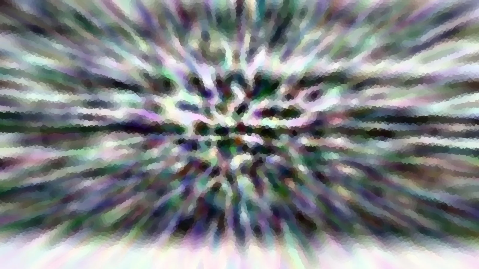 Abstrakte Komposition aus bunten Streifen und Flecken in Grün, Violett und Weiß, die radial von einem dunklen Zentrum nach außen verlaufen und wie ein Zoom-Effekt wirken.
