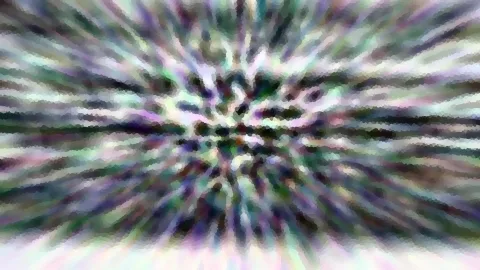Abstrakte Komposition aus bunten Streifen und Flecken in Grün, Violett und Weiß, die radial von einem dunklen Zentrum nach außen verlaufen und wie ein Zoom-Effekt wirken.