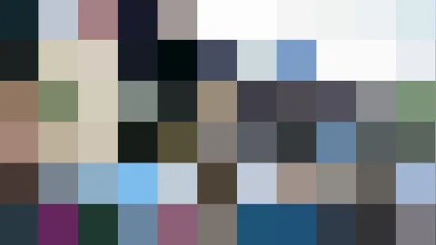 Abstraktes Raster aus unregelmäßig farbigen Pixelblöcken in Dunkelblau, Grau, Weiß, Grün, Rosa und Blau.