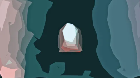 Abstrakte Low-Poly-Grafik: Ein helles, kristallartiges Gebilde mit rosa Schattierungen steht mittig vor dunklem Petrolgrund, flankiert von grauen und türkisfarbenen Felsflächen.