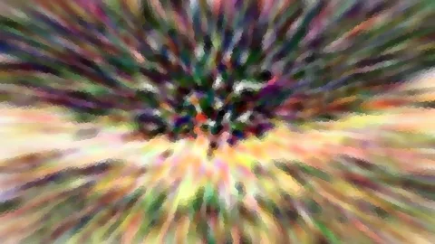 Abstrakte Komposition aus bunten, radial vom Zentrum ausgehenden Streifen in Grün, Violett, Orange und Gelb, mosaikartig verpixelt.