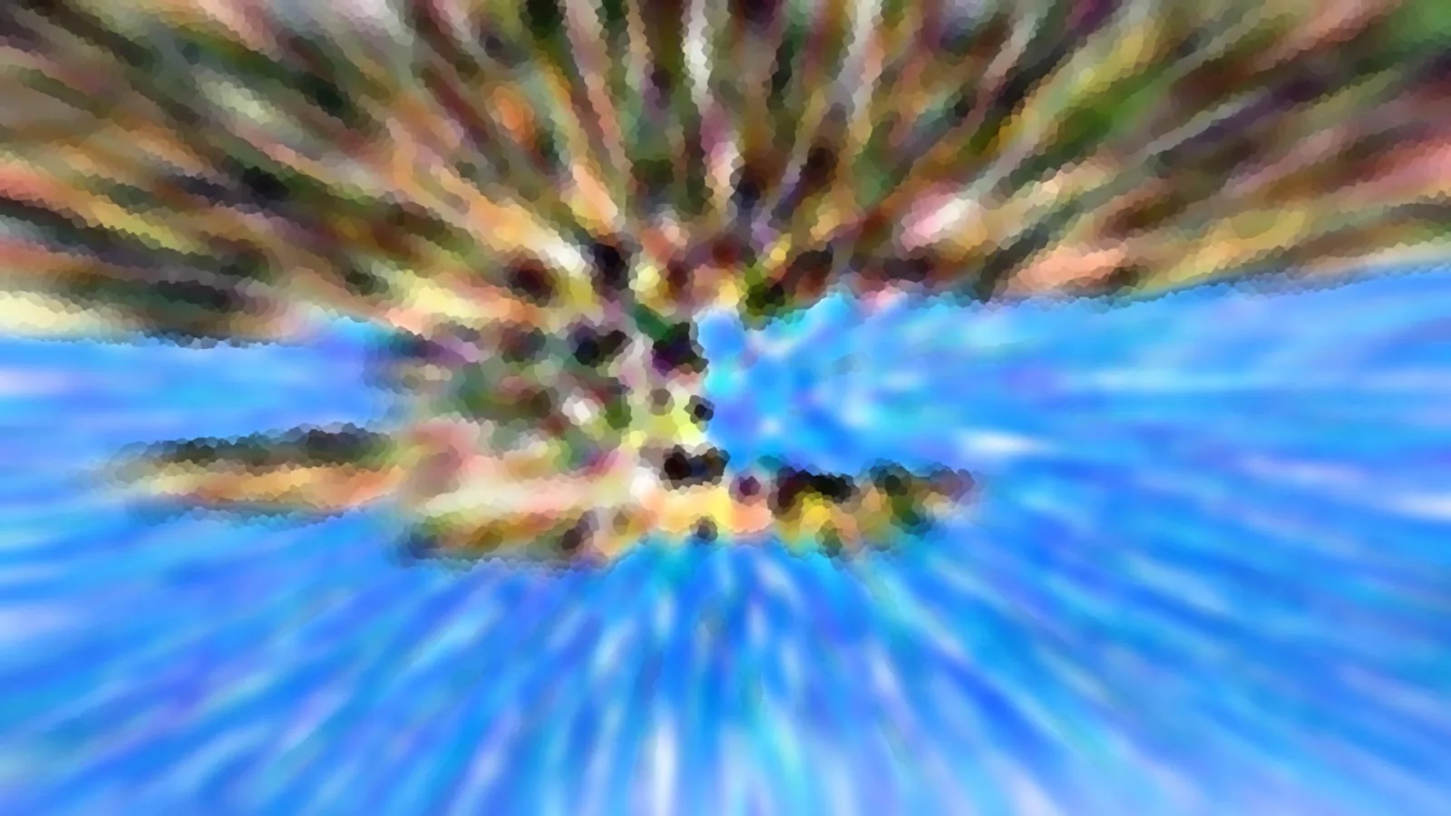 Abstrakte Komposition mit radial verwischten, bunten Streifen vor blauem Hintergrund, mosaikartig pixeliert.