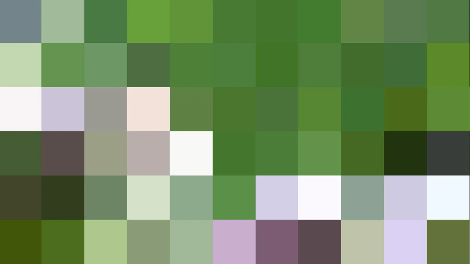 Mosaik aus quadratischen Pixelfeldern in Grün, Weiß, Lila und Dunkelgrau.