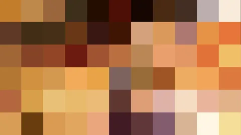 Mosaik aus quadratischen Pixeln in Ocker, Braun, Rot und Beige.