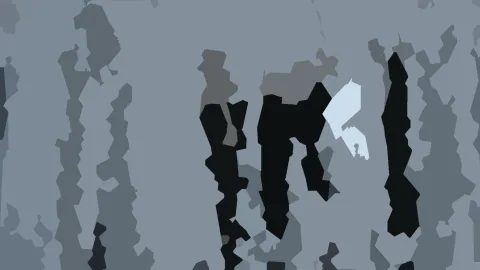 Abstraktes Bild aus grauen und schwarzen senkrechten Blockformen mit einem hellblauen Akzent rechts der Mitte vor blaugrauem Hintergrund.