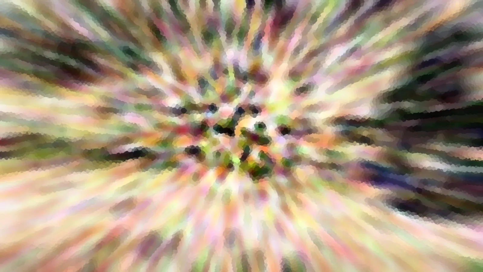 Abstrakte Komposition aus bunten, pastellfarbenen Streifen, die von einem dunklen Zentrum radial nach außen strahlen und mosaikartig gepixelt wirken.