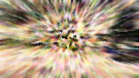 Abstrakte Komposition aus bunten, pastellfarbenen Streifen, die von einem dunklen Zentrum radial nach außen strahlen und mosaikartig gepixelt wirken.