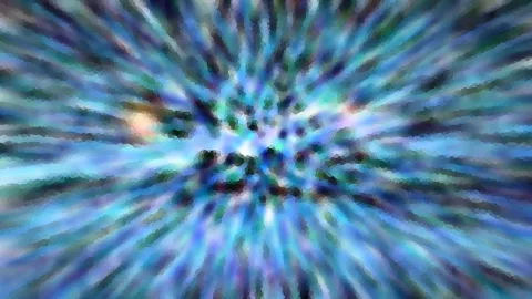 Abstrakte Komposition aus blauen, türkisen und violetten Streifen, die radial von einem hellen Zentrum in der Mitte ausstrahlen. Am linken Rand leuchtet ein kleiner orangefarbener Lichtfleck. Die Kanten wirken wie ein grobes Mosaik.