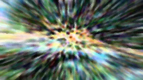 Abstraktes Bild mit grünen, blauen und gelben Strahlen, die von einem hellen Mittelpunkt nach außen laufen.