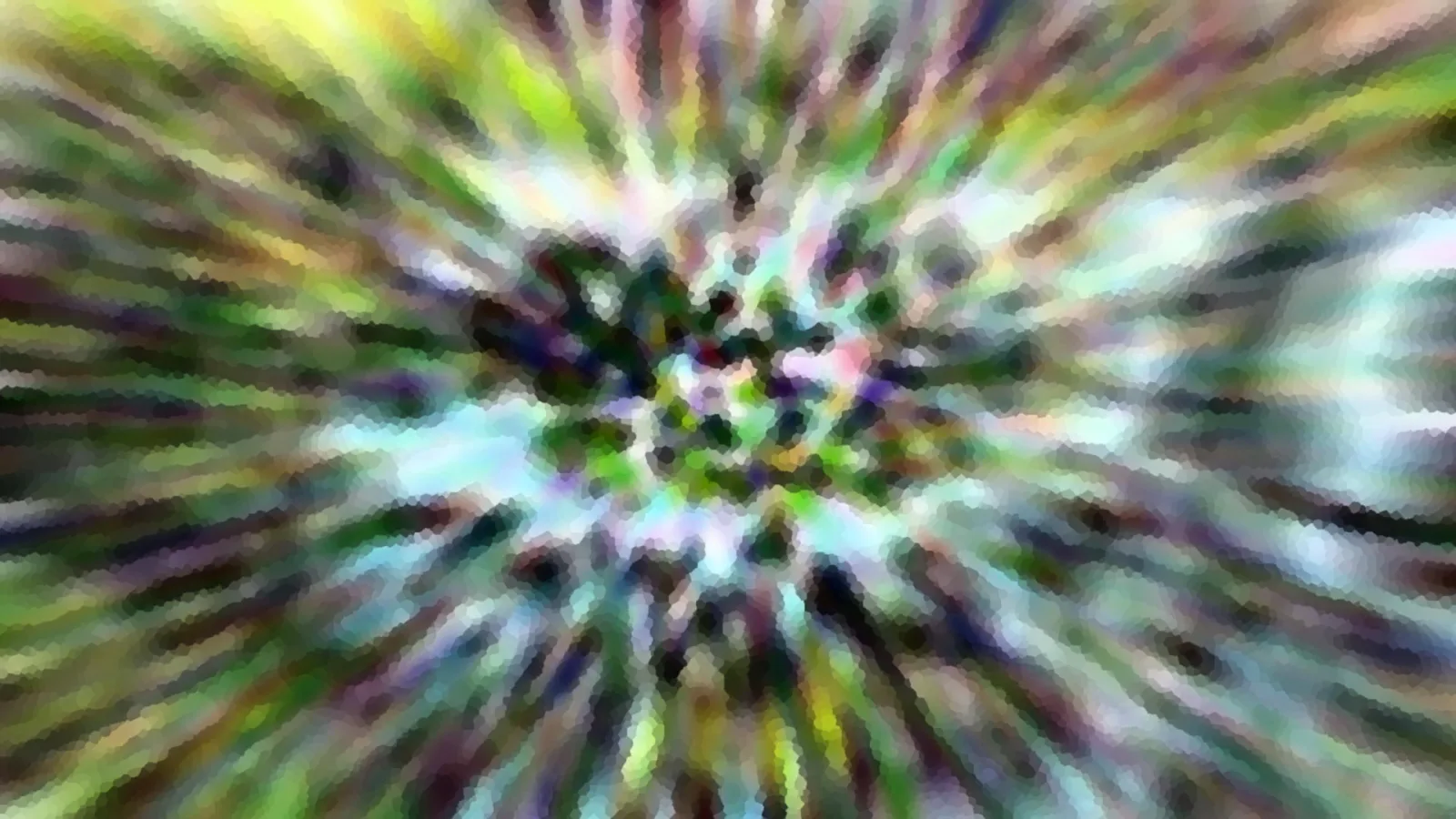 Abstrakte Komposition aus radial von der Mitte nach außen laufenden Streifen in Grün, Violett und Weiß, mosaikartig verpixelt.