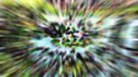Abstrakte Komposition aus radial von der Mitte nach außen laufenden Streifen in Grün, Violett und Weiß, mosaikartig verpixelt.