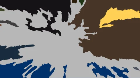 Abstrakte Komposition aus flachen Farbflächen: eine große hellgraue Fläche in der Mitte, schwarze und braune Formen, eine gelbe Form oben rechts und blaue Formen am unteren Rand.