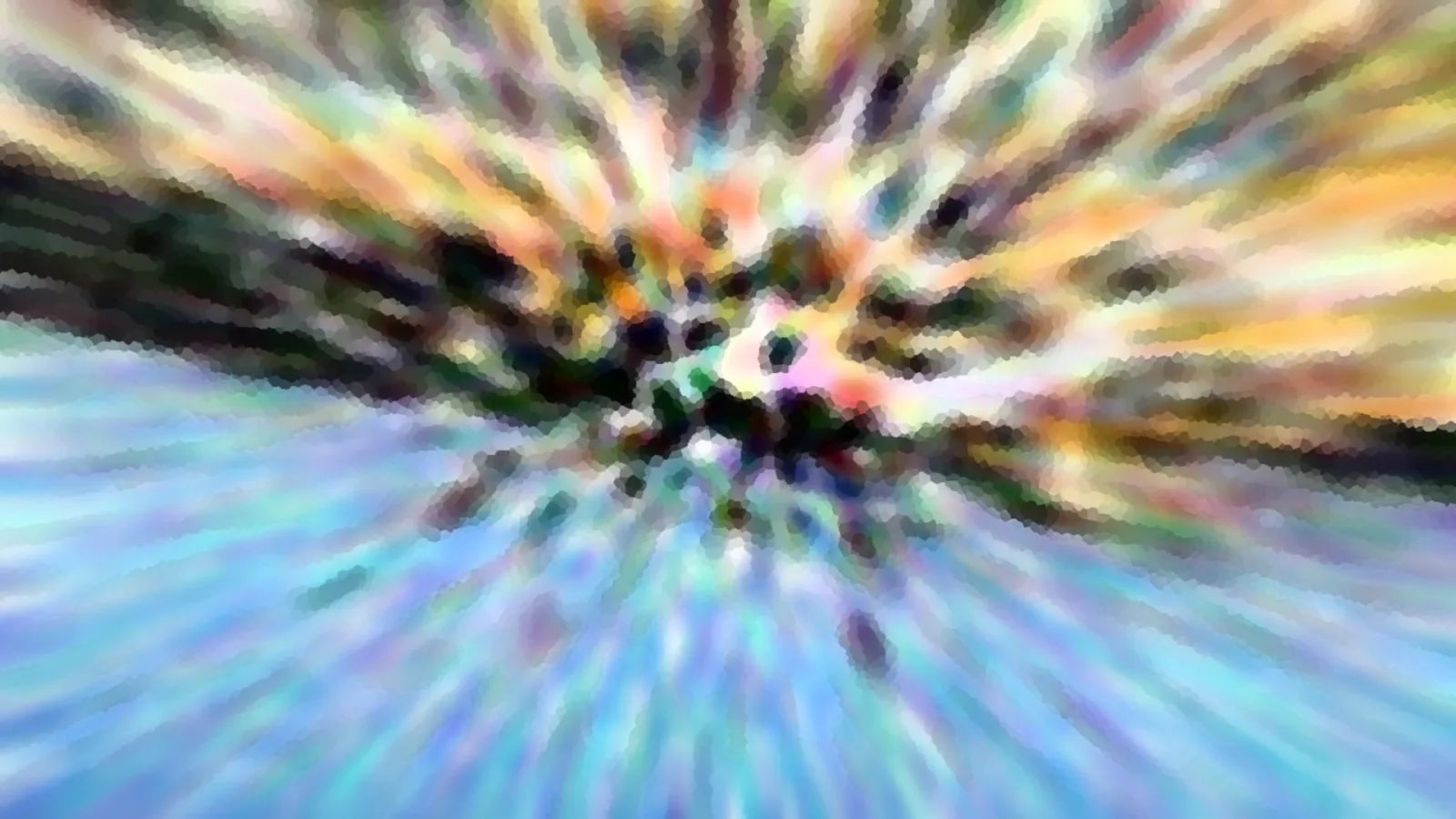 Abstraktes Bild mit farbigen Strahlen, die von einem dunklen Zentrum in der Bildmitte nach außen laufen; oben warme Gelb- und Orangetöne, unten kühles Blau und Türkis, alles grob verpixelt.