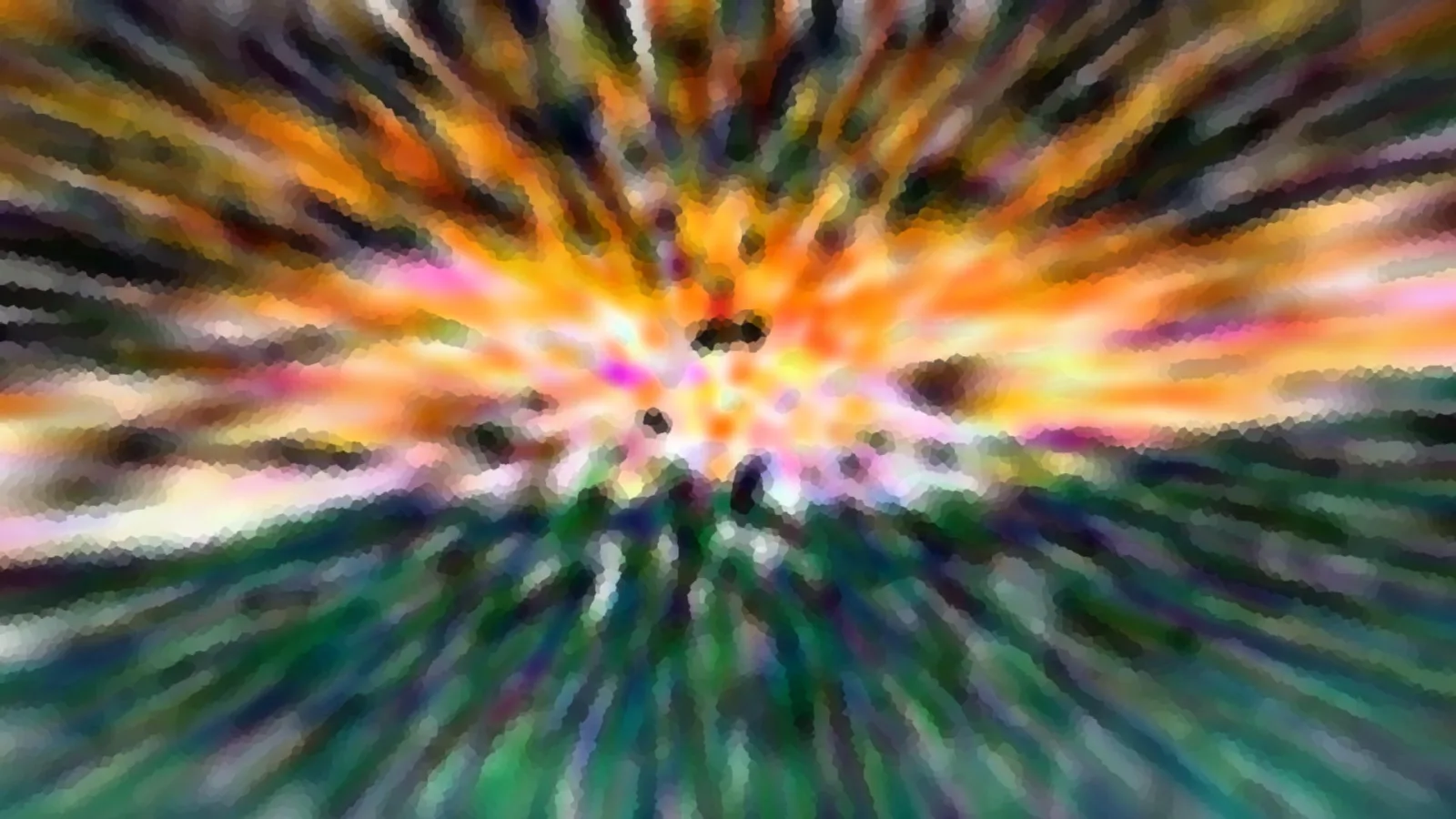 Abstrakte, radial verwischte Komposition mit orangefarbenem Zentrum, Pink- und Gelbtönen oben und grünen Schlieren im unteren Bereich.