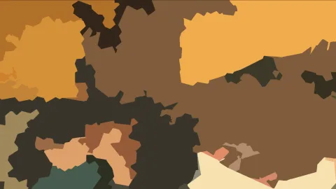 Abstraktes Bild aus unregelmäßigen, gezackten Farbflächen in Ocker, Braun, Dunkelbraun, Grün und Cremeweiß.