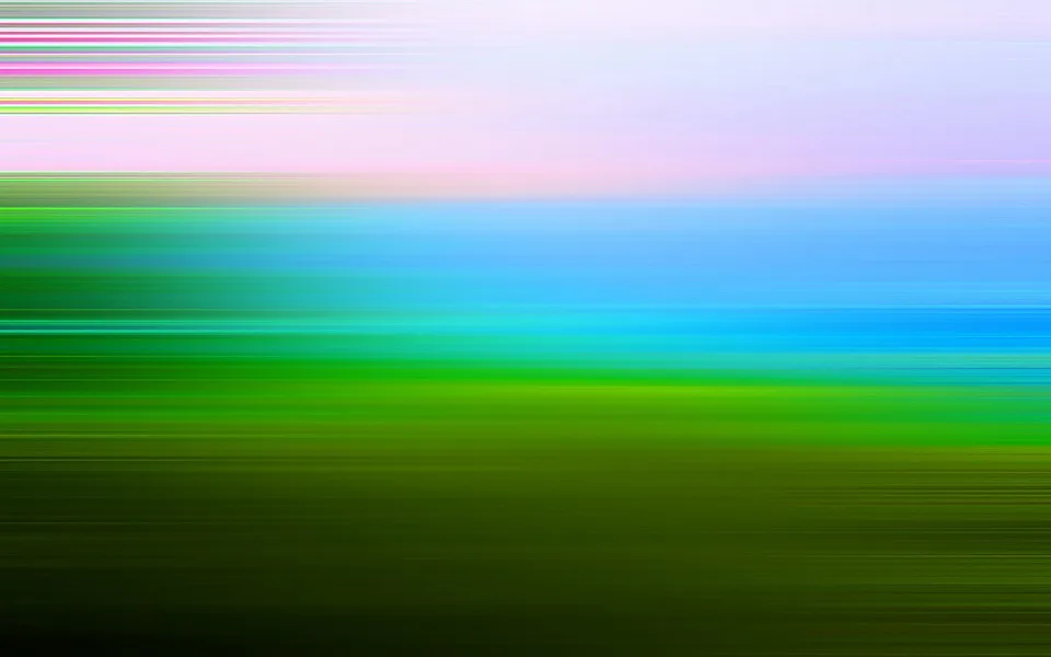 Abstrakte horizontale Schlieren in Rosa, Violett, Blau und Grün, die von links nach rechts verwischen und in dunklem Grün auslaufen.