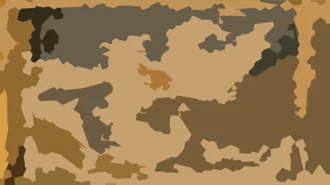 Abstraktes Muster aus unregelmäßigen, flächigen Formen in Beige, Braun, Grau und Orange, dunkle Töne am oberen linken und rechten Rand.