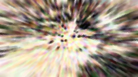 Abstrakte Komposition aus pixeligen, bunten Farbstrahlen, die von einem dunklen Zentrum radial nach außen laufen.