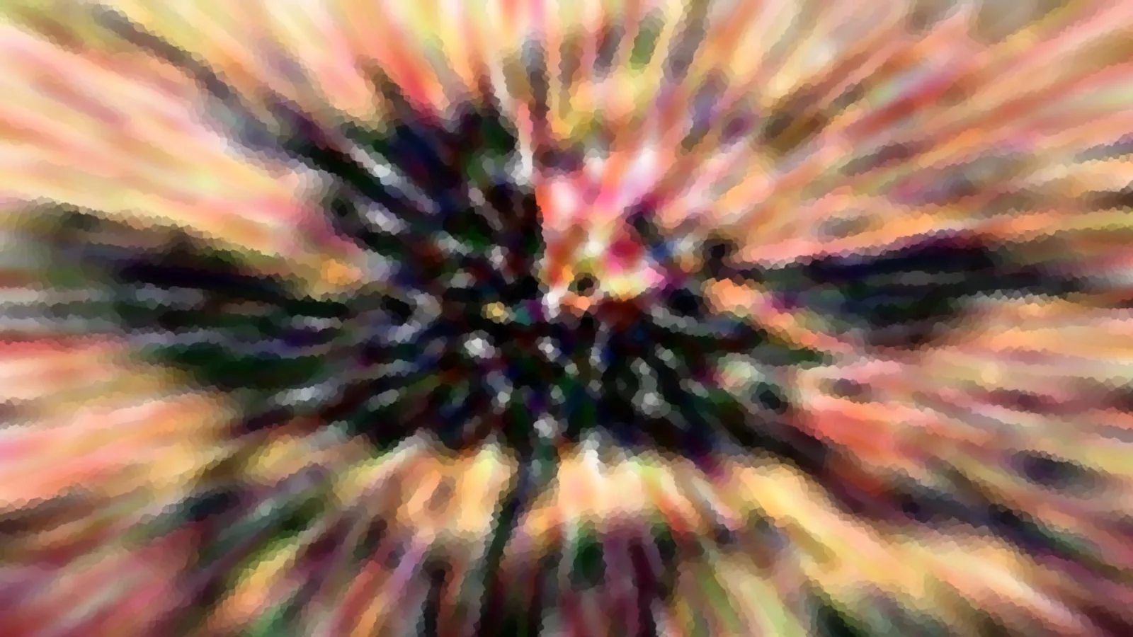 Abstraktes Bild mit radialem Zoomeffekt: Im dunklen Zentrum laufen grüne und schwarze Strahlen zusammen, außen dominieren Rosa, Orange und Gelb in einem mosaikartigen Muster.