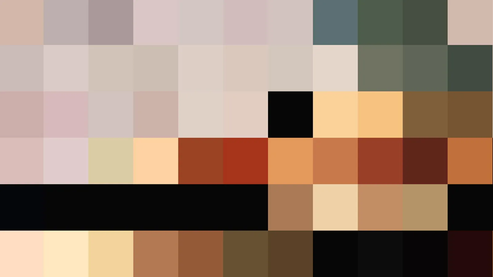 Pixelmosaik aus rechteckigen Farbfeldern in Hauttönen, Braun, Orange und Schwarz, dazu einzelne grünlich graue und blaugraue Blöcke oben rechts.